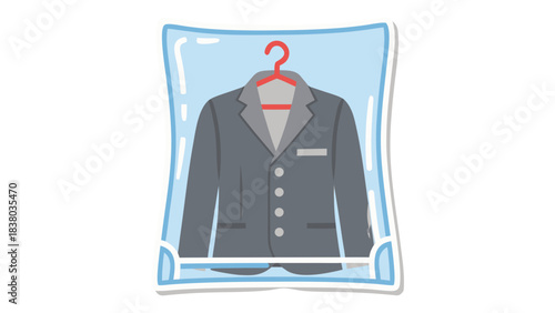 Gray Suit Jacket Protected in Clear Plastic Garment Bag Hanging on Red Hanger Against Black Background