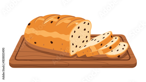 Freshly Baked Loaf of Raisin Bread Sliced on a Wooden Cutting Board Isolated on Black Background