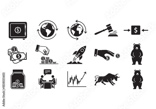 Bank and finance icon set. Business and corporation vector signs. Contain symbol of safe, global market, auction, crowd funding, start up, meeting, stock, bull and bear.