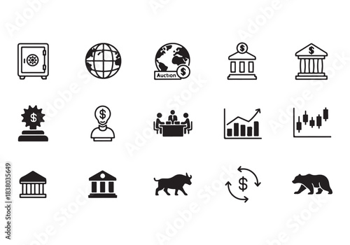 Bank and finance icon set. Business and corporation vector signs. Contain symbol of safe, global market, auction, crowd funding, start up, meeting, stock, bull and bear.