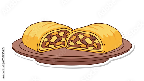 Golden Brown Apple Strudel Cut in Half on a Brown Plate Isolated on a Transparent Background Rich Filling of Apples Nuts and Cinnamon Filling