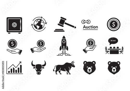 Bank and finance icon set. Business and corporation vector signs. Contain symbol of safe, global market, auction, crowd funding, start up, meeting, stock, bull and bear.
