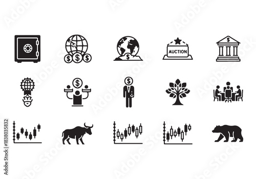Bank and finance icon set. Business and corporation vector signs. Contain symbol of safe, global market, auction, crowd funding, start up, meeting, stock, bull and bear.
