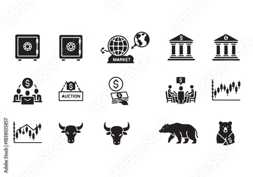 Bank and finance icon set. Business and corporation vector signs. Contain symbol of safe, global market, auction, crowd funding, start up, meeting, stock, bull and bear.