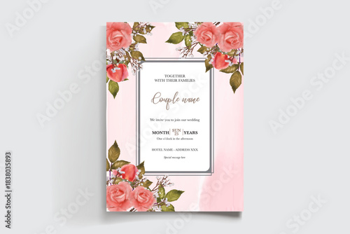 WEDDING INVITATION FRAME WITH FLOWER DECORATIONS AND FRESH LEAVES