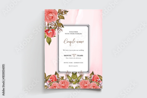 WEDDING INVITATION FRAME WITH FLOWER DECORATIONS AND FRESH LEAVES