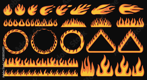 Fire flames creating dramatic frames with glowing geometric shapes, including circle, square and triangle borders, perfect for intense graphic effects, energetic layouts and bold visual design
