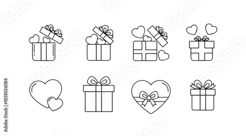 Collection of eight valentine s day gift box and heart icons in a sketchy silhouette style