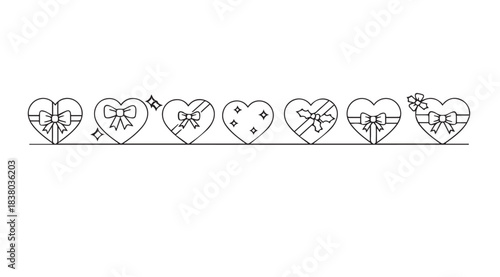 Row of heart shaped gift boxes with ribbons and bows silhouette