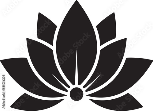 Black silhouette of a blooming lotus flower with intricate petal details isolated on transparent background