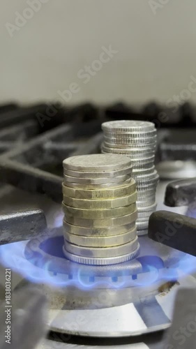 Vertical video social media - Closeup of stacked money coins burning on a cooker hob. Concept of domestic gas energy cost, or money to burn.