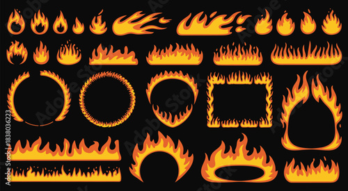 Horizontal flame borders forming bright geometric outlines with dynamic burning lights, showcasing circle, square and triangle shapes, suitable for advertising visuals,