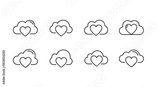 Collection of eight cloud icons with hearts inside in a simple outline silhouette style