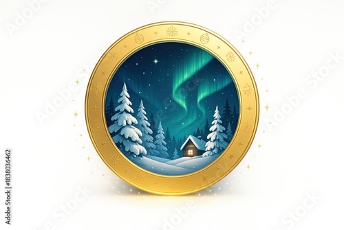 Enchanted Winter Night with Northern Lights in Golden Frame