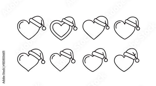 Collection of eight hand drawn heart shapes wearing santa hats silhouette