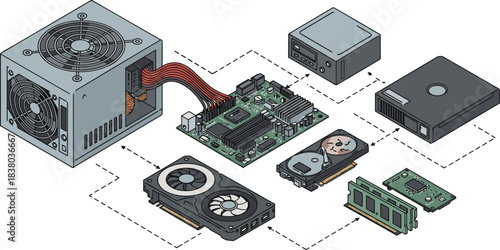 Isometric computer hardware illustration, motherboard, CPU, GPU, SSD, RAM, PSU, HDD, network card, tech components, desktop system layout