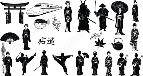 Japanese culture silhouettes, samurai, geisha, martial arts, kimono, torii gate, shinkansen, tea ceremony, fugu fish, traditional Japan, vector art