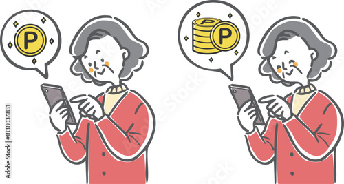 スマホでポイ活をするシニア女性　ベクター