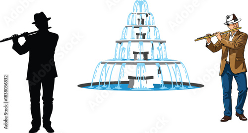 Jazz Flute Player Performing Near an Urban Water Fountain, Silhouette and Color Versions for Musical Contrast, City Park Ambience