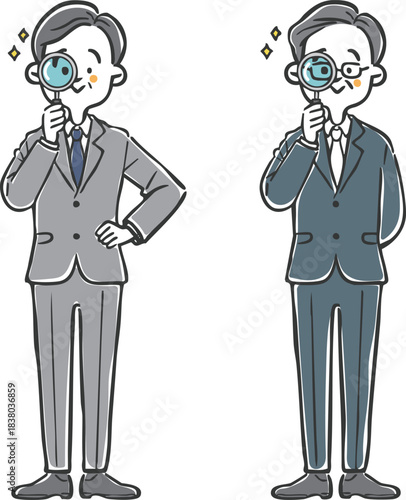 虫眼鏡をのぞく中高年ビジネスマン　全身　ベクター