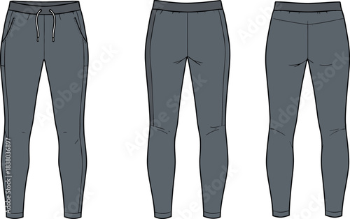 Jogger pants front, back, side view, dark gray casual wear, technical fashion sketch, apparel design, garment illustration, vector template