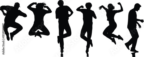 Jumping silhouette, dancing pose, energetic movement, expressive figure, human motion, black silhouette, dynamic action, isolated white background, vector illustration, stock art
