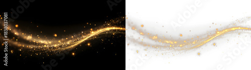 golden wave light particles, gold line in overlay on transparent PNG background, starburst, sparkling background, Golden light wave with glowing particle 