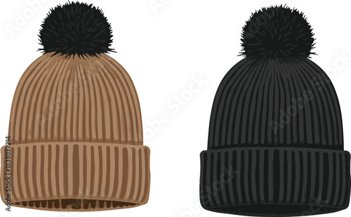 Knitted winter hats, black and brown beanies, ribbed texture, pom-pom top, cozy fashion, cold weather accessories, stylish headwear