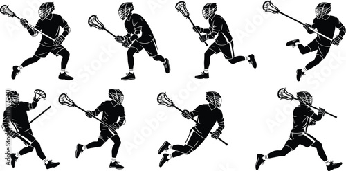 Lacrosse player silhouettes, black vector icons, dynamic sports poses, running and throwing actions, athletic movement illustration, team game concept