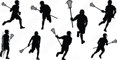 Lacrosse silhouette, athletes in motion, sport action, stick handling, dynamic pose, vector art, black background, outdoor activity, team sport, agility