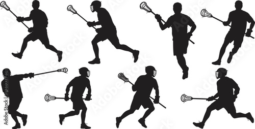 Lacrosse silhouette, dynamic players, helmet safety, stick handling, sport action, vector art, black background, athletic motion, outdoor game, agility