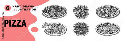 Engraving slice of pizza set