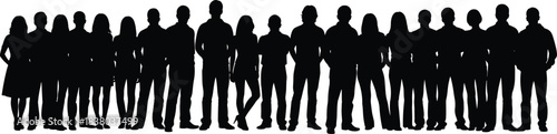 Large group of diverse people silhouettes standing together in a row, isolated on white background, representing community, teamwork, and population.
