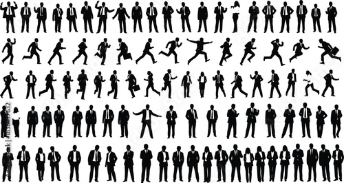 Large set of business people silhouettes, vector men and women in suits standing, walking, running, jumping, isolated on white background.