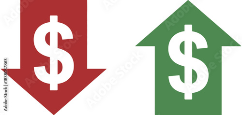 Money direction symbols featuring high or low cost icons, dollar signs and dynamic arrows, suitable for pricing charts, budget presentations, economic dashboards and commercial design themes.