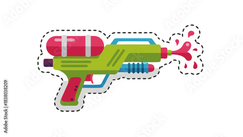 Green and Pink Water Gun Spraying Red Water Against Black Background Cartoon Style Illustration