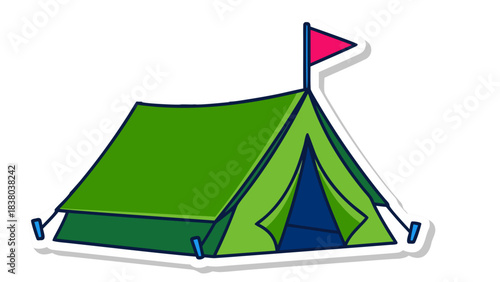 Green Camping Tent with Pink Flag Ready for Outdoor Adventure and Recreation Vivid Illustration Style