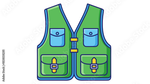 Green Fishing Vest with Blue Pockets and Yellow Buckles a Functional Outerwear for Outdoor Activities and Adventures