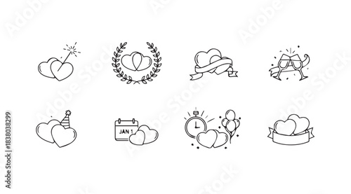 Collection of eight hand drawn romantic wedding and love icons in silhouette