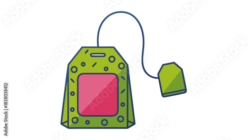 Green Tea Bag with Pink Square Center and Blue String Against Black Background with Subtle Pattern and Shadow Effect