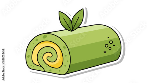 Green Swiss Roll Cake With Yellow Cream Filling Garnished With Two Green Leaves and Speckles On A Black Background