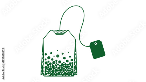 Green Teabag With Tag And String Detailed Outline Illustration On Black Background Representing Beverage Preparation And Hot Drink