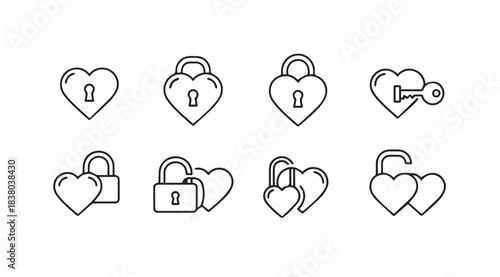 Collection of heart shaped padlocks and keys in silhouette style