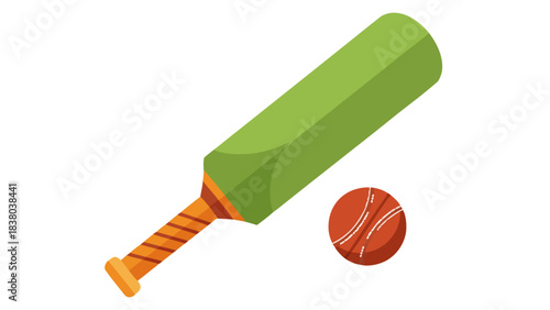 Green Wooden Cricket Bat and Red Ball on Black Background Vector Illustration Minimalist Sport Equipment for Outdoor Game Activity