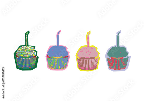 Four Colorful Cupcakes with Candles for Celebration. 8 bit. Game development, mobile app. Isolated vector illustration.