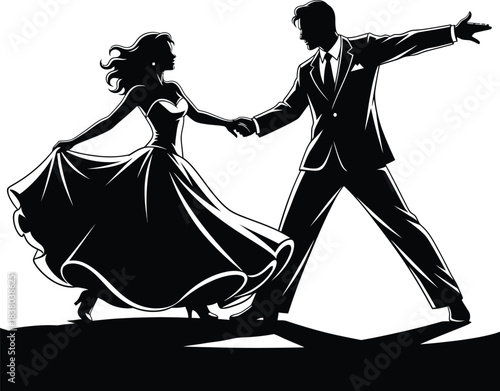 Silhouette of a dancing couple in a dynamic pose with swirling gown and stylized movement on a bright white background