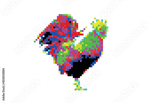 Vibrant Pixel Art Rooster Illustration. 8 bit. Game development, mobile app. Isolated vector illustration.