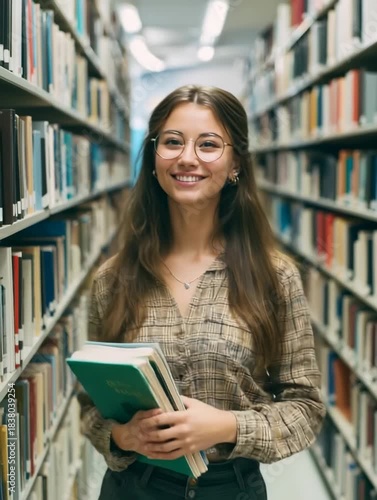 Smiling young woman with glasses holding books in library aisle, student or reader in academic setting