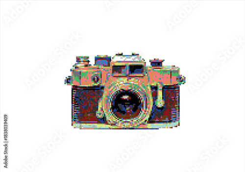 Pixelated Retro Camera Pop Art. 8 bit. Game development, mobile app. Isolated vector illustration.