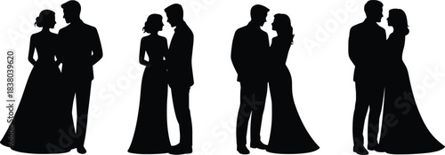 Couple silhouette vector, romantic pose icons, wedding clipart set, love design elements, formal attire illustration, cad drawing flat vector illustration